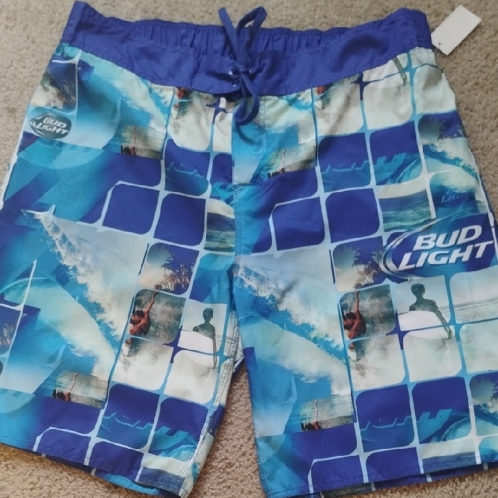 Men's Bud Light Blue Graphic Swim Shorts, Size XXL